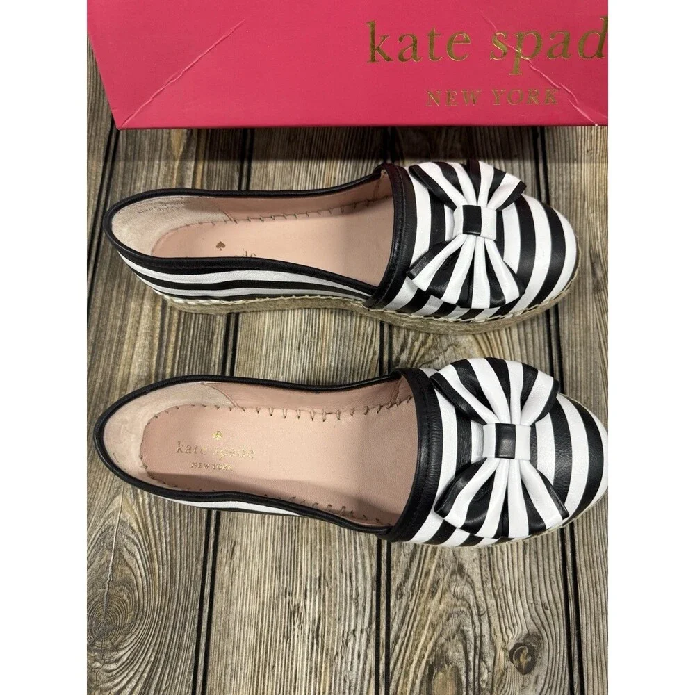 Kate Spade NY LINDS Striped Leather Bow Espadrille Flats Black White Sz 8 1/2